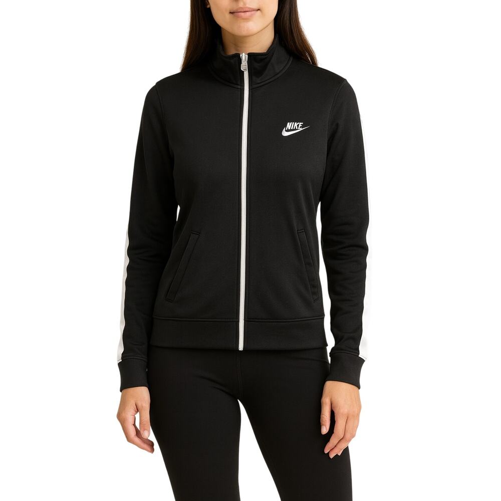 NIKE Sportswear Black Full Zip Long Sleeve Track Jacket White Stripes Women’s M